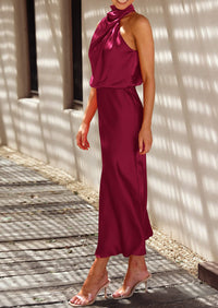 Satin sleeveless stand up collar party long dress