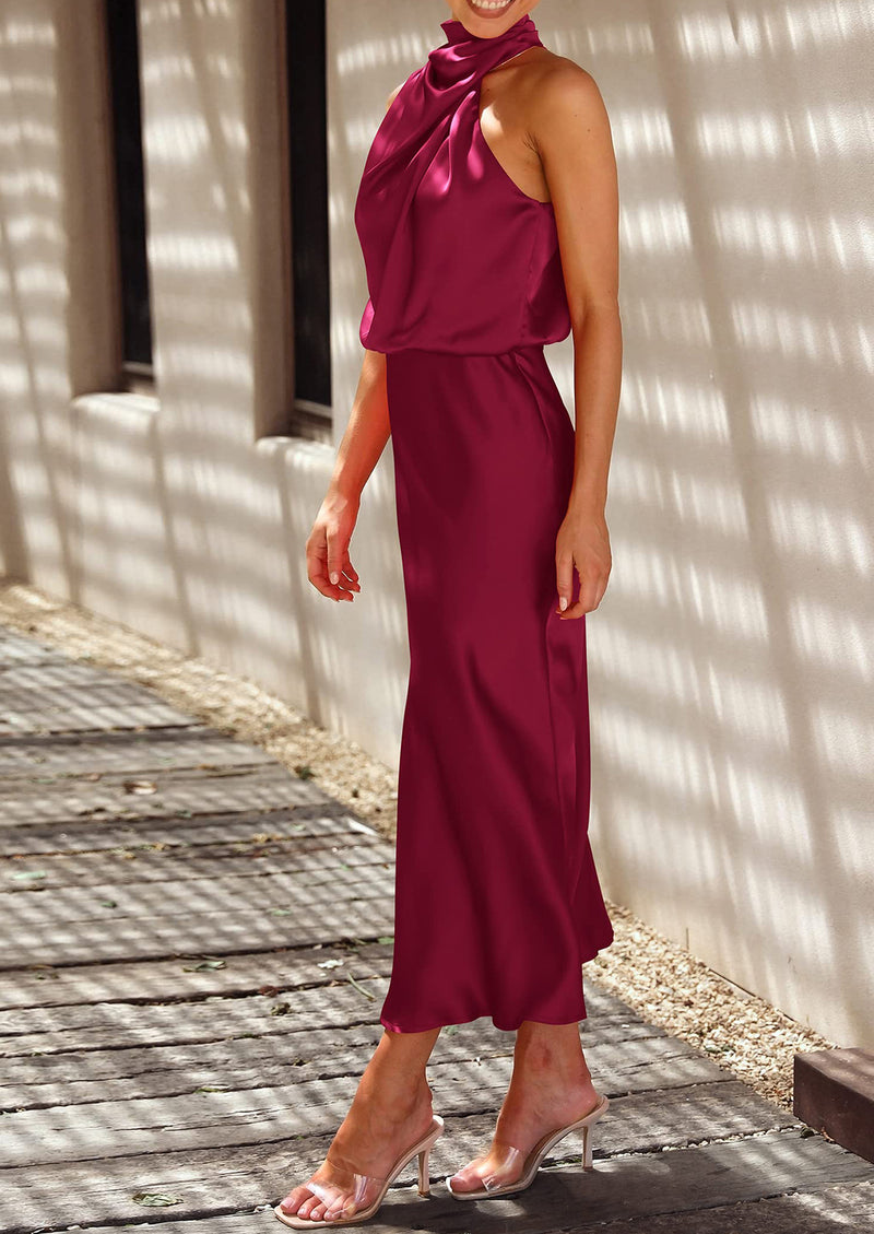 PRETTYGARDEN Women's Summer Satin Dress Elegant Sleeveless Mock Neck Cocktail Party Maxi Dresses