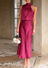 Satin sleeveless stand up collar party long dress