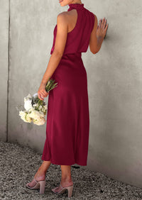 Satin sleeveless stand up collar party long dress