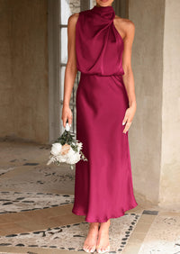 Satin sleeveless stand up collar party long dress