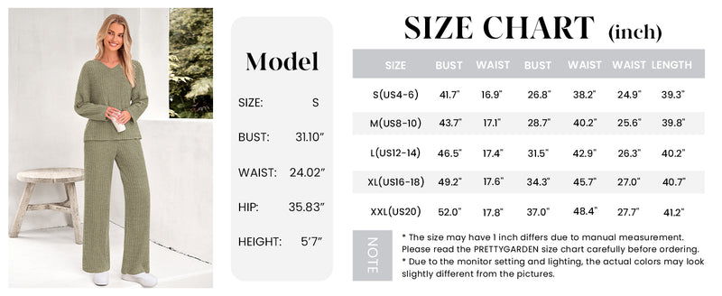 PRETTYGARDEN Women's 2 Piece Lounge Sets Ribbed Knit Long Sleeve V Neck Pullover Tops Wide Leg Pants Spring Fall Outfits