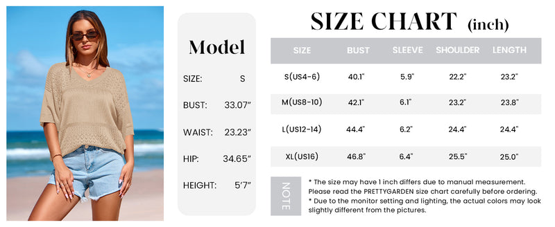 PRETTYGARDEN Women's Short Sleeve Sweater Tops Spring Summer Casual V Neck Ribbed Knit Trendy Eyelet Blouse T Shirts