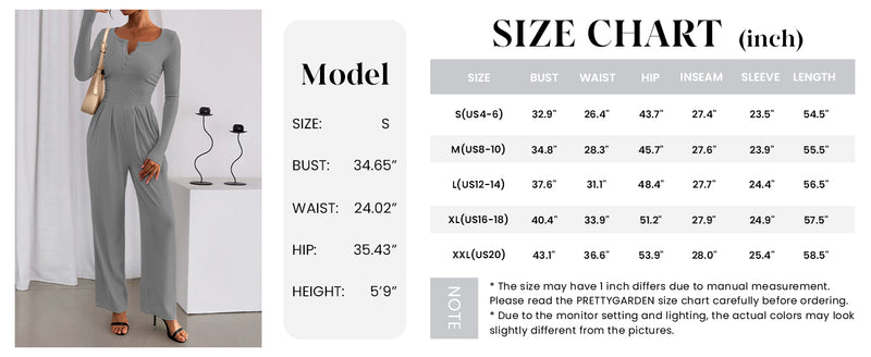 PRETTYGARDEN Jumpsuits for Women Dressy Casual Fall One Piece Outfits Long Sleeve Crew Neck Wide Leg Pants Rompers