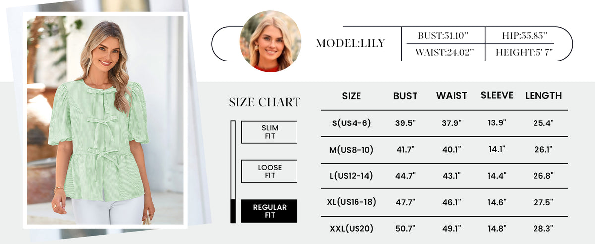 Striped Round Neck Front, Lace Up Bubble Sleeves Tops
