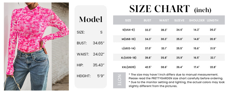 PRETTYGARDEN Womens Fall Mesh Floral Blouses Long Sleeve Going Out Tops Slim Fitted Shirts Date Night Outfits