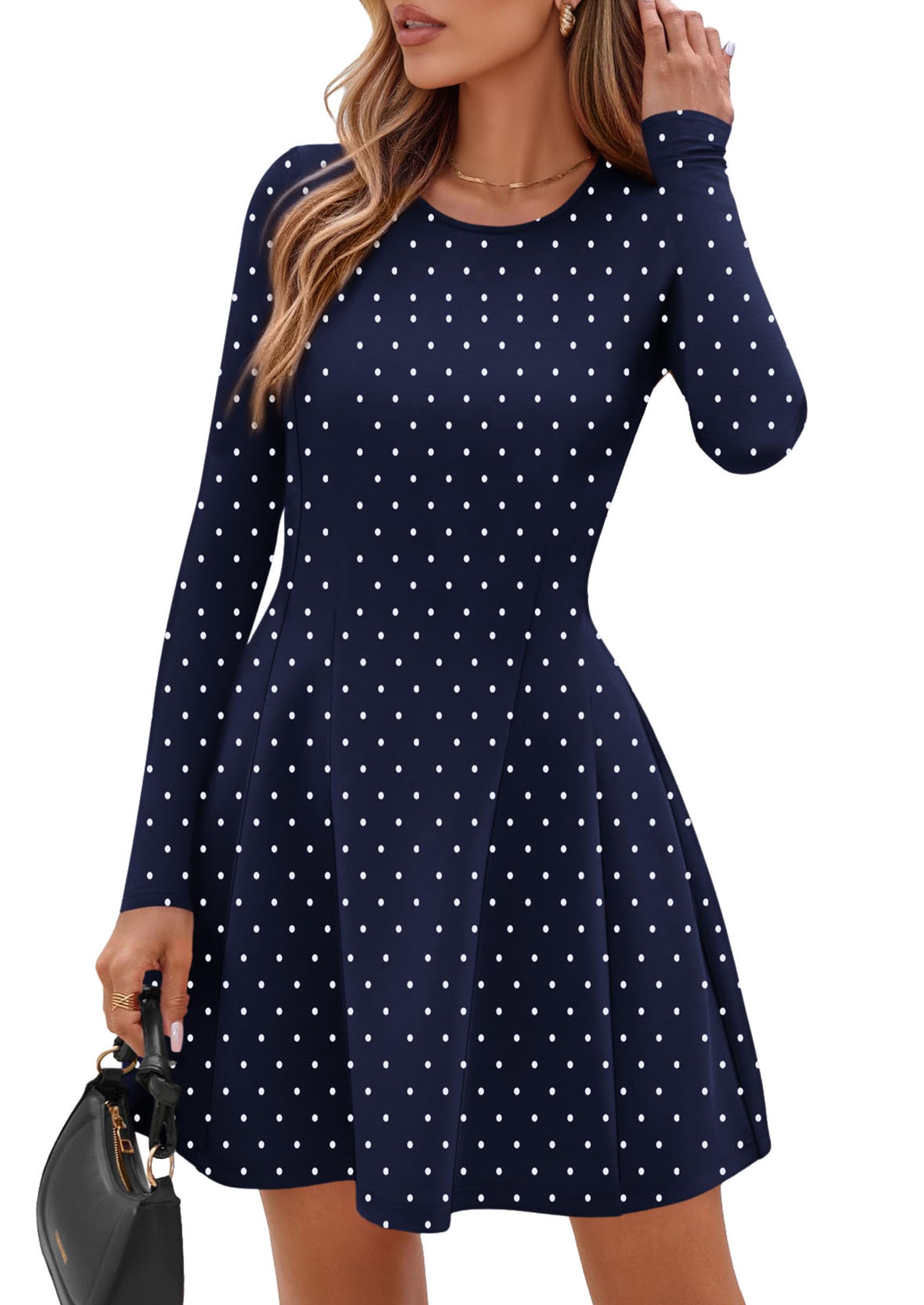 PRETTYGARDEN Long Sleeve Mini Dress for Women Fall Crewneck Knit Pleated Babydoll A Line Soft Casual Short Party Dresses PRETTYGARDEN