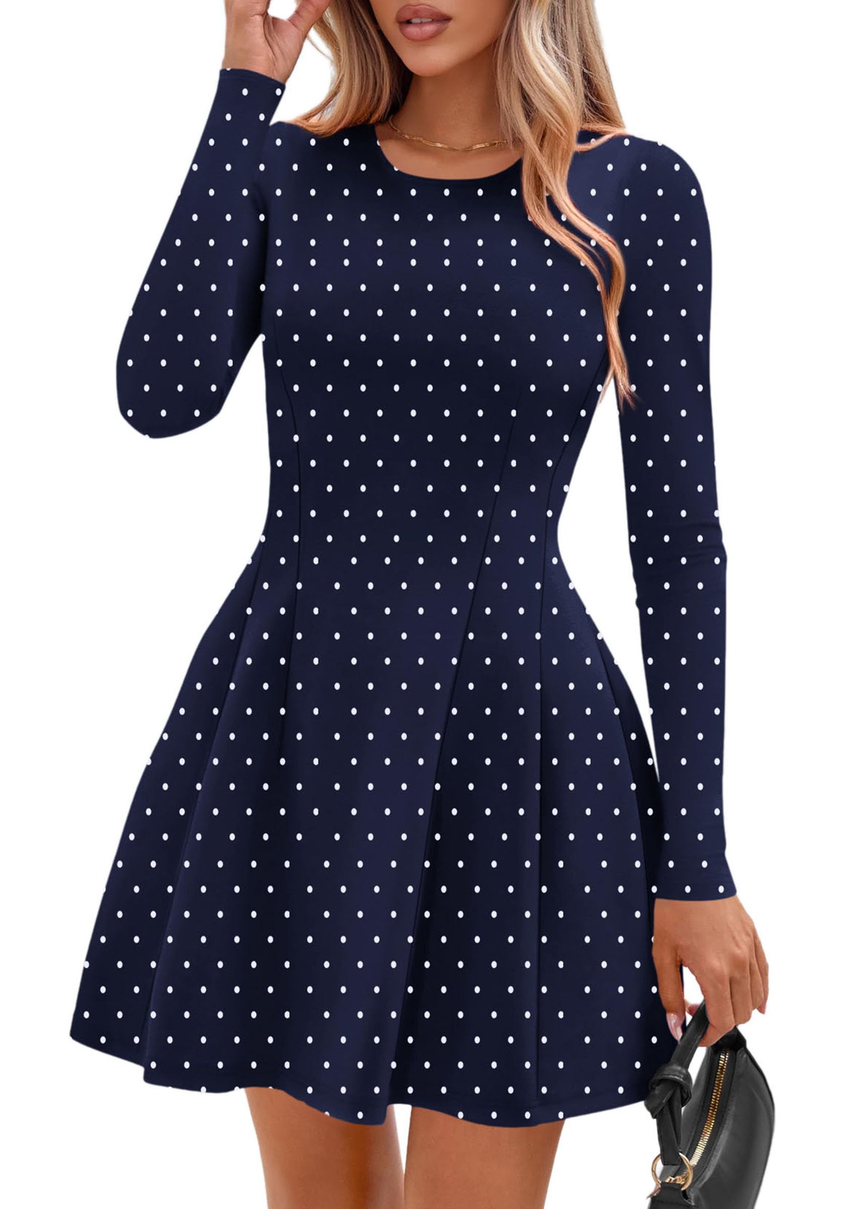 PRETTYGARDEN Long Sleeve Mini Dress for Women Fall Crewneck Knit Pleated Babydoll A Line Soft Casual Short Party Dresses PRETTYGARDEN