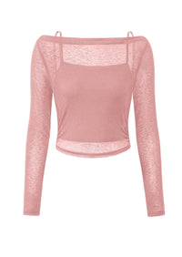 Boat Neck Long Sleeve Sheer Crop Cover Up with Spaghetti Strap Camisole 2 Piece Blouses