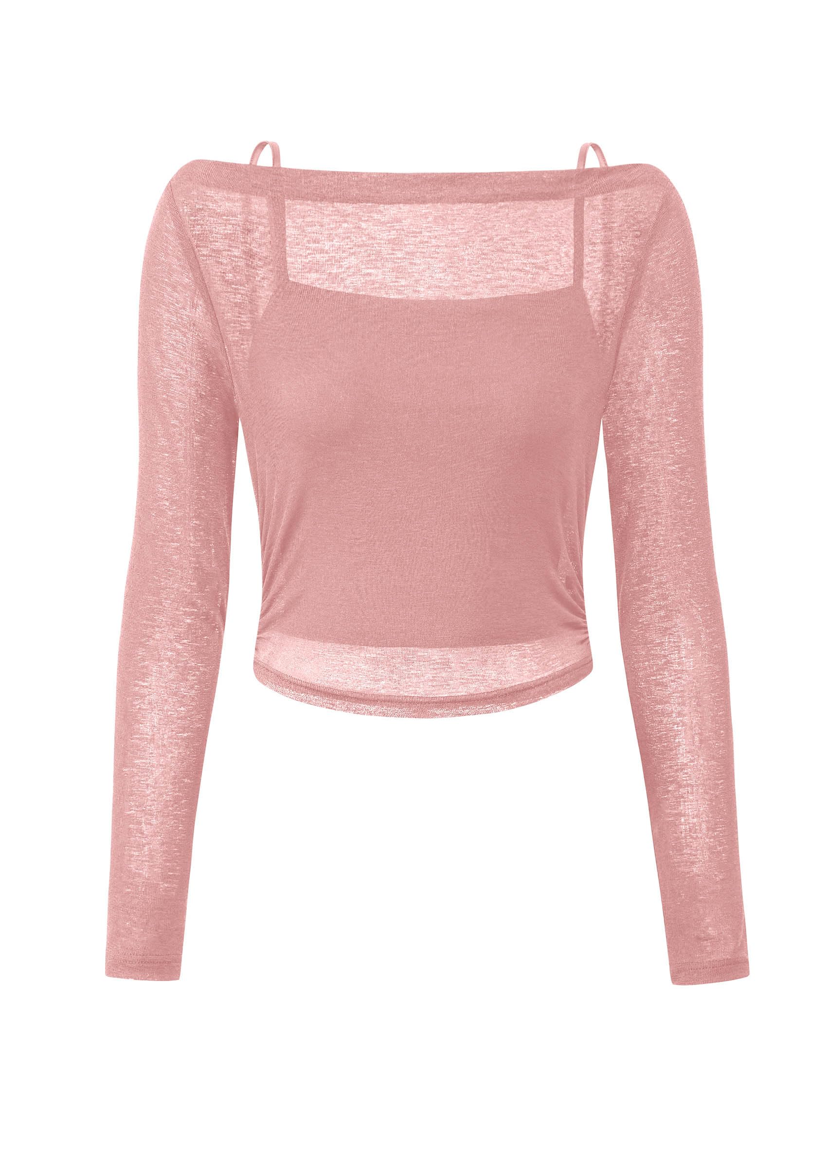 PRETTYGARDEN Women's Long Sleeve Sheer Crop Tops Boat Neck See Through Cover Up with Spaghetti Strap Camisole 2 Piece Blouses