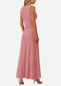 Crop Tank Top Flowy Midi Skirts Ribbed Knit Casual Two Piece Skirt Set