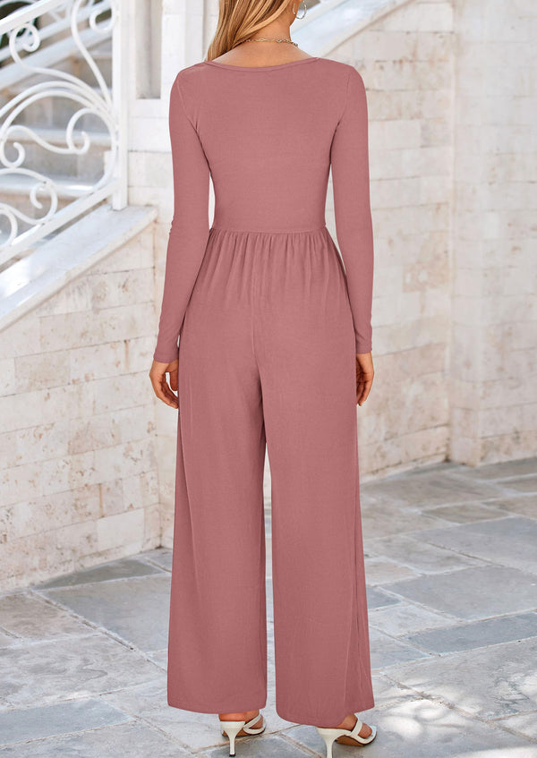 Solid Color Casual Long Sleeve Wide Leg Pants Jumpsuits