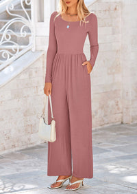 Solid Color Casual Long Sleeve Wide Leg Pants Jumpsuits
