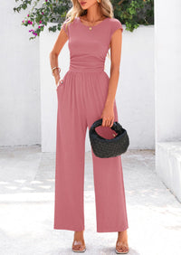 Dressy Ribbed Cap Sleeve Wide Leg Pants Elegant Casual Jumpsuits