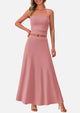 Crop Tank Top Flowy Midi Skirts Ribbed Knit Casual Two Piece Skirt Set