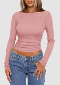 Boat Neck Long Sleeve Sheer Crop Cover Up with Spaghetti Strap Camisole 2 Piece Blouses