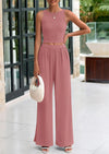 PRETTYGARDEN Two Piece Sets Ribbed Knit Crew Neck Sleeveless Tank Tops Wide Leg Pants Casual Lounge Set