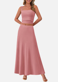 Crop Tank Top Flowy Midi Skirts Ribbed Knit Casual Two Piece Skirt Set