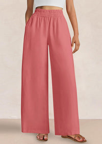 Casual Elastic Waist Loose Flowy Palazzo Pants Trousers with Pockets