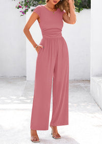 Dressy Ribbed Cap Sleeve Wide Leg Pants Elegant Casual Jumpsuits