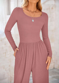 Solid Color Casual Long Sleeve Wide Leg Pants Jumpsuits