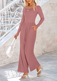 Solid Color Casual Long Sleeve Wide Leg Pants Jumpsuits