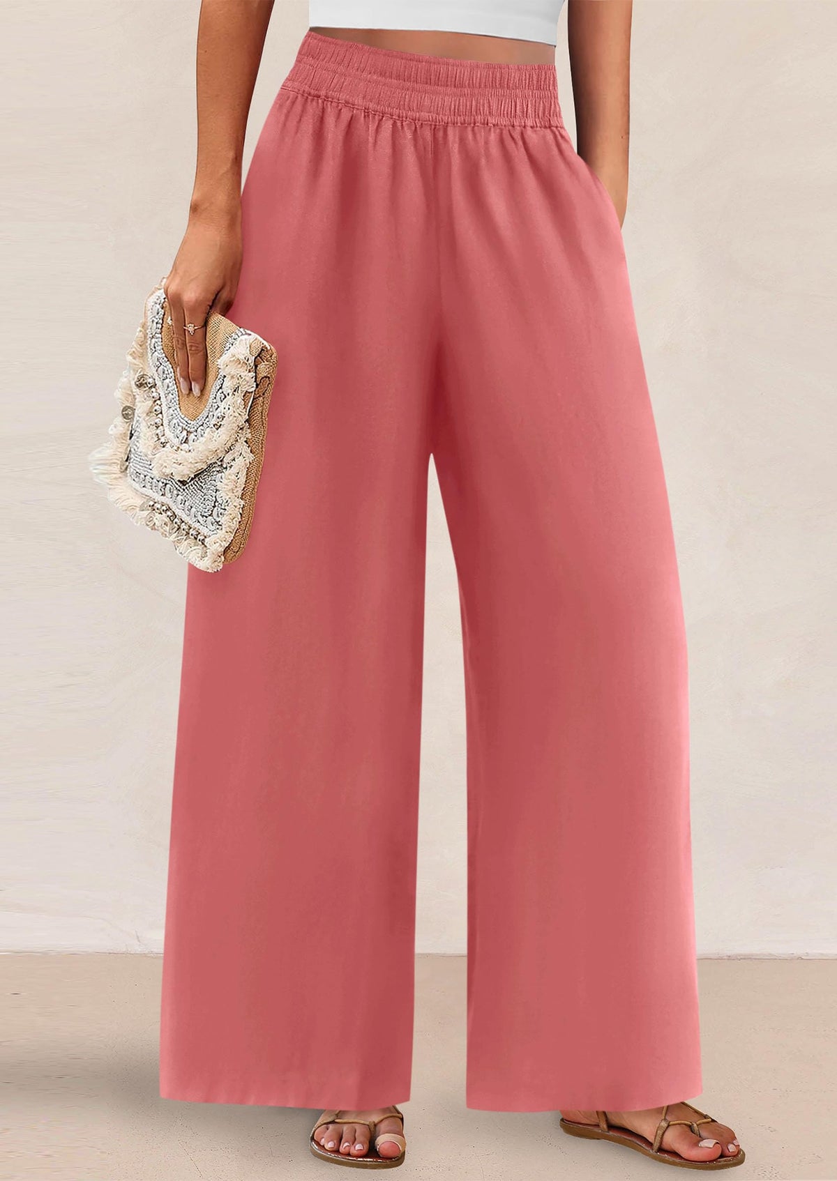Casual Elastic Waist Loose Flowy Palazzo Pants Trousers with Pockets