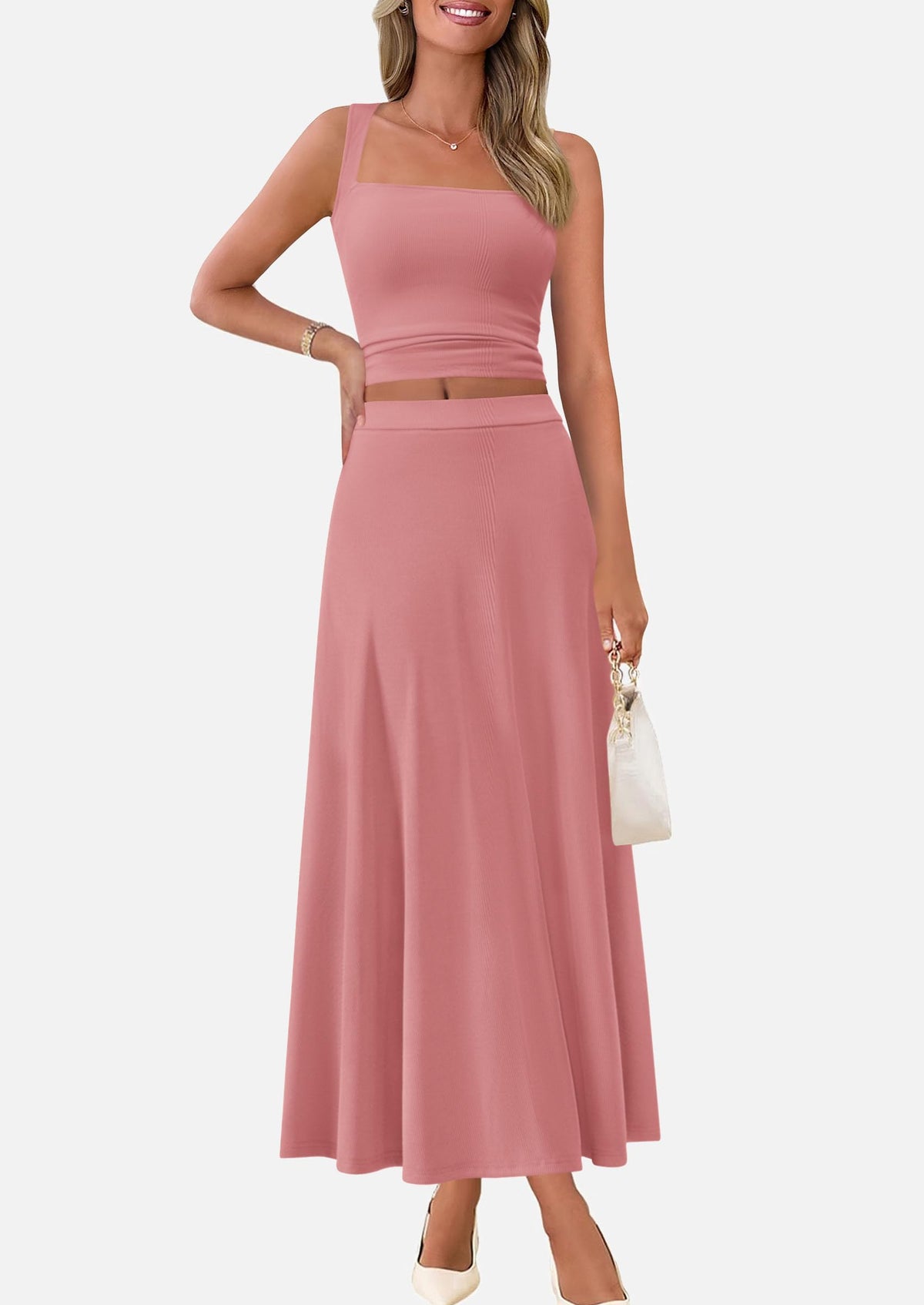Crop Tank Top Flowy Midi Skirts Ribbed Knit Casual Two Piece Skirt Set