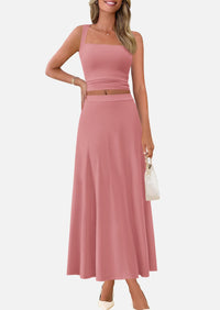 Crop Tank Top Flowy Midi Skirts Ribbed Knit Casual Two Piece Skirt Set