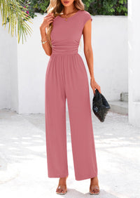 Dressy Ribbed Cap Sleeve Wide Leg Pants Elegant Casual Jumpsuits