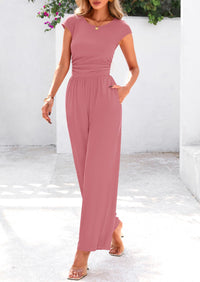 Dressy Ribbed Cap Sleeve Wide Leg Pants Elegant Casual Jumpsuits