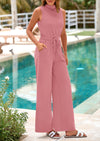 PRETTYGARDEN Jumpsuits Dressy Outfits Casual Sleeveless Mock Neck Wide Leg Pants Rompers