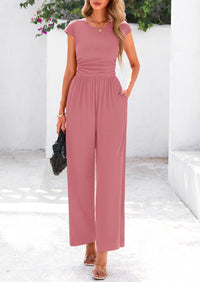 Dressy Ribbed Cap Sleeve Wide Leg Pants Elegant Casual Jumpsuits
