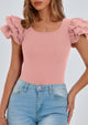 Ruffle Short Sleeve Casual Basic Fitted Crew Neck T-shirts