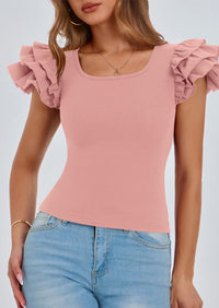 Ruffle Short Sleeve Casual Basic Fitted Crew Neck T-shirts