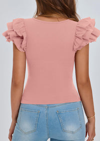 Ruffle Short Sleeve Casual Basic Fitted Crew Neck T-shirts