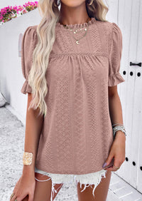Casual Crew Neck Ruffle Short Sleeve Eyelet Babydoll Blouse