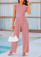 Casual Ruffle Cap Sleeves Crew Neck Rib Knit Jumpsuits