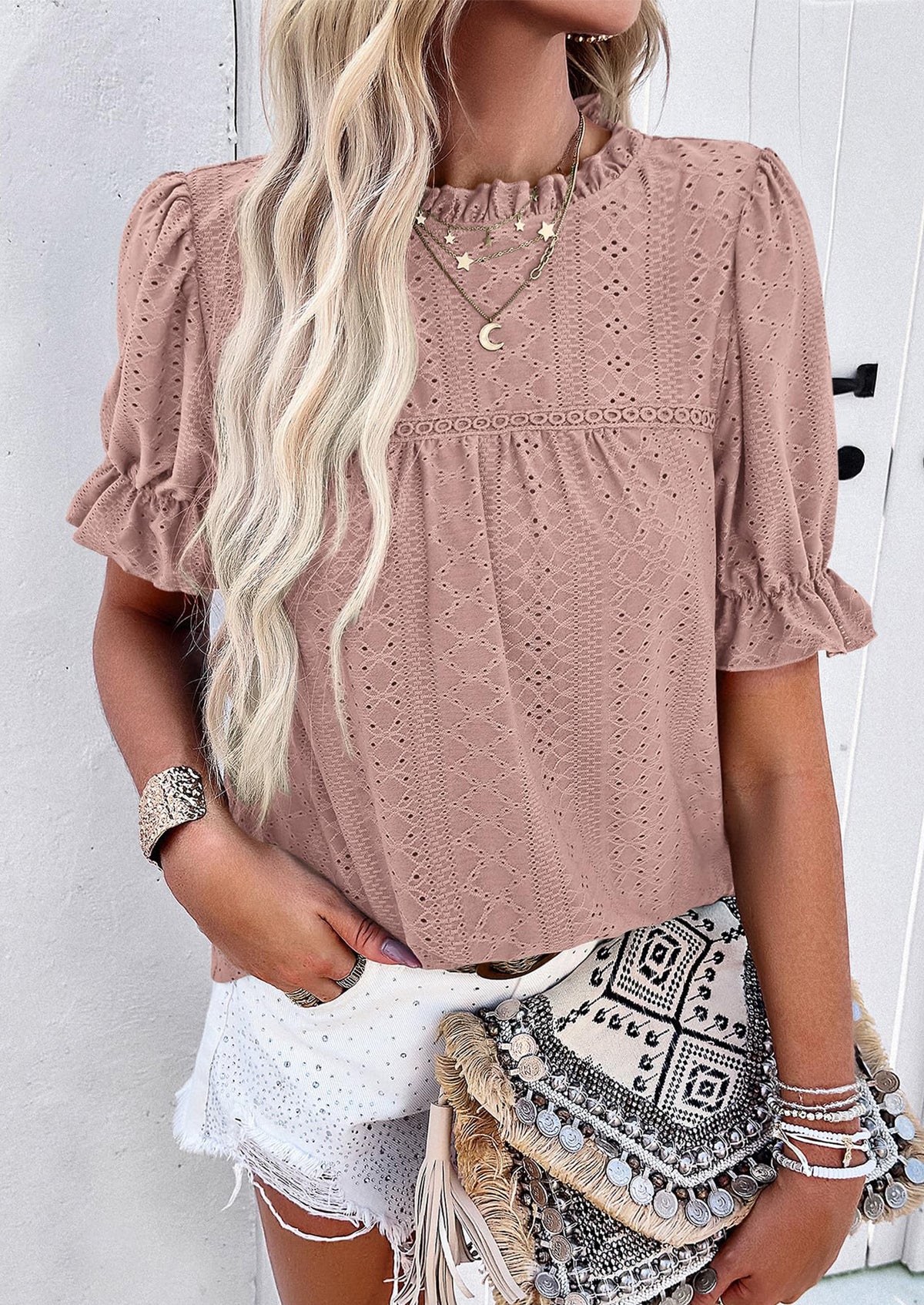 Casual Crew Neck Ruffle Short Sleeve Eyelet Babydoll Blouse