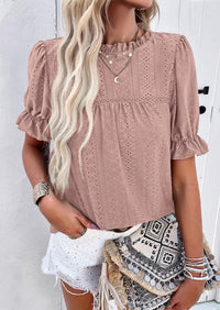 Casual Crew Neck Ruffle Short Sleeve Eyelet Babydoll Blouse