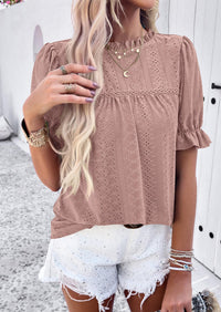 Casual Crew Neck Ruffle Short Sleeve Eyelet Babydoll Blouse