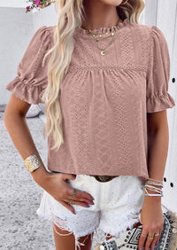 Casual Crew Neck Ruffle Short Sleeve Eyelet Babydoll Blouse