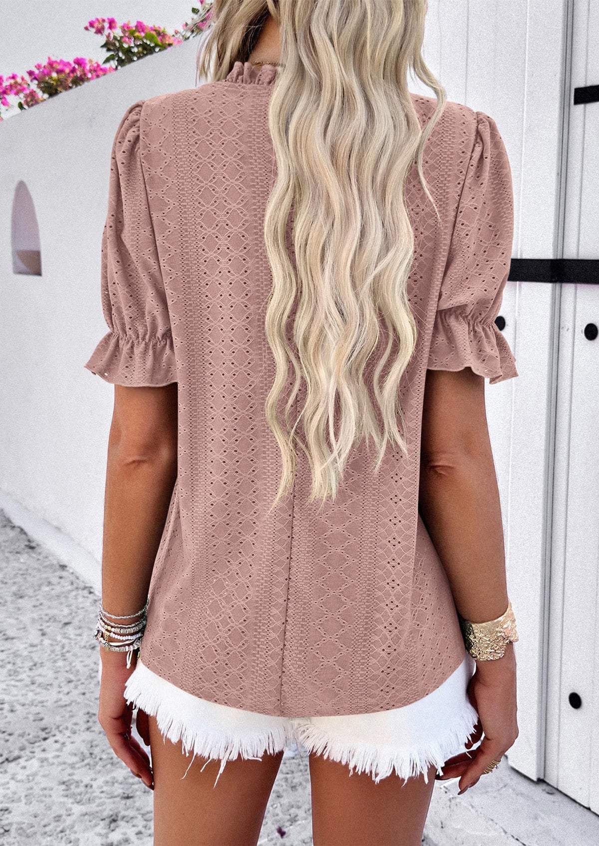 Casual Crew Neck Ruffle Short Sleeve Eyelet Babydoll Blouse
