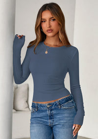 PRETTYGARDEN Womens Summer Fall Long Sleeve Shirts Ribbed Knit Fitted Basic Tee Going Out Tops Underscrub Casual Outfits