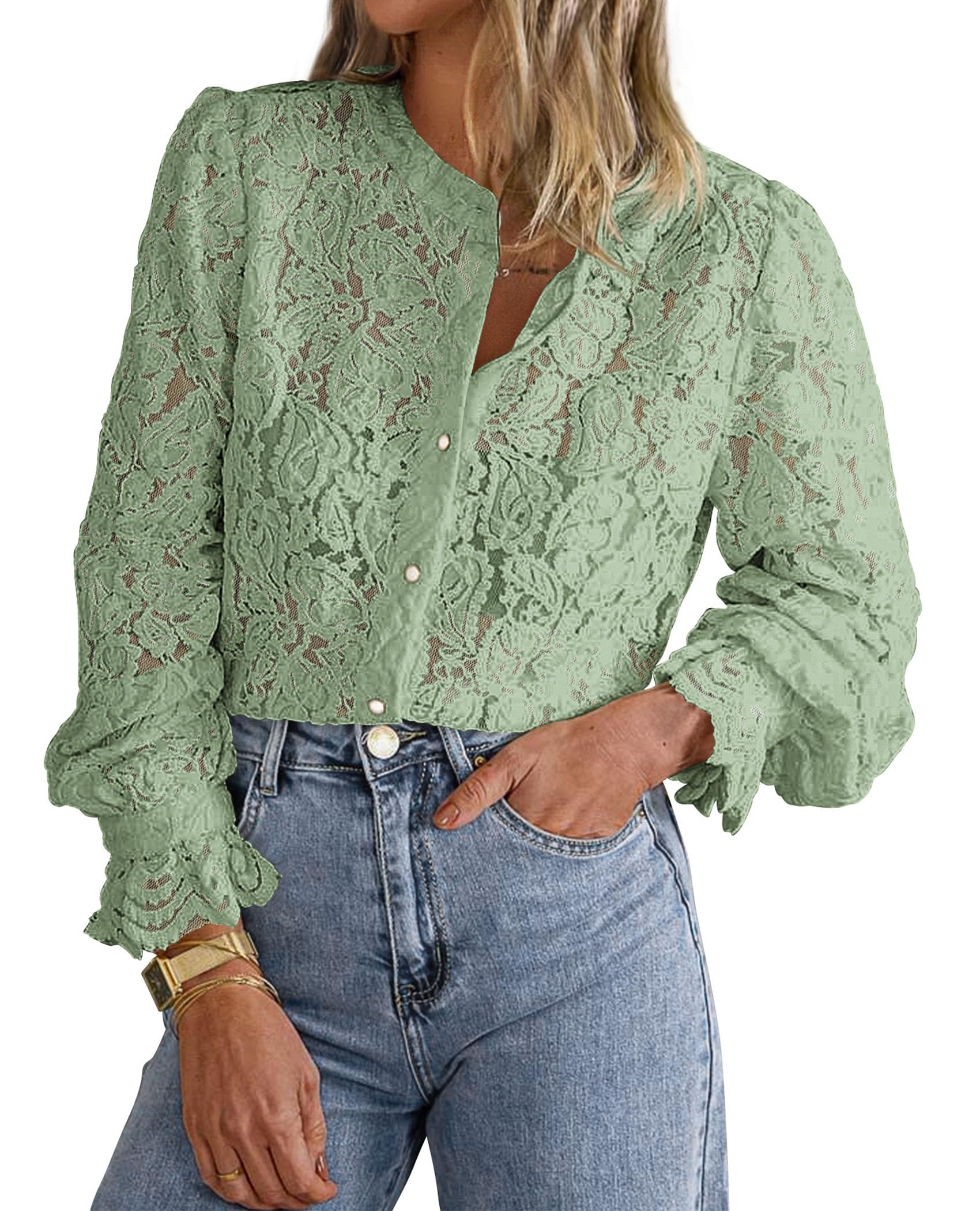 PRETTYGARDEN Women's Dressy Casual Lace Blouse Long Sleeve Button Up Shirts Tops Spring Fall Fashion Clothes