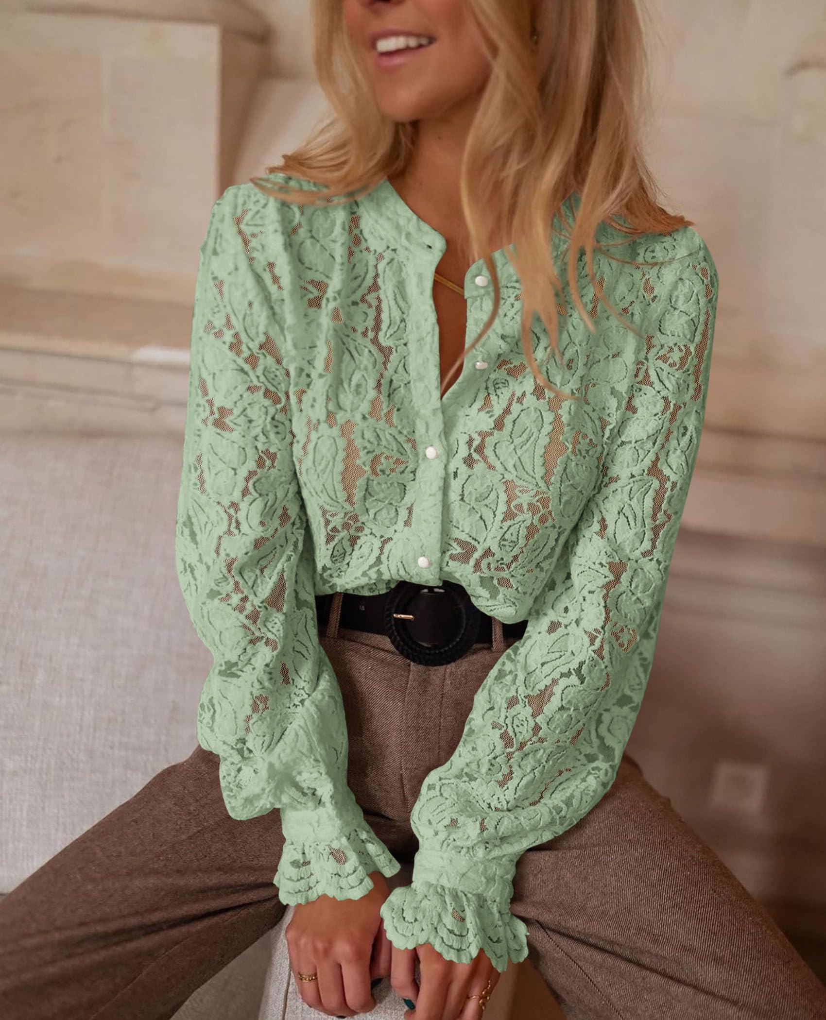 PRETTYGARDEN Women's Dressy Casual Lace Blouse Long Sleeve Button Up Shirts Tops Spring Fall Fashion Clothes