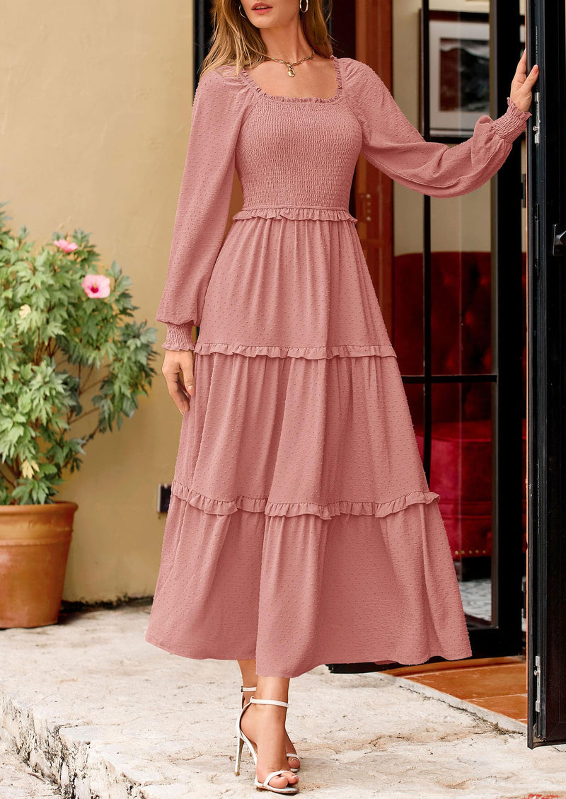PRETTYGARDEN Women Fall Long Sleeve Smocked Maxi Dress Casual Square Neck Swiss Dot Tiered Ruffle Flowy Spring Pocket Dresses