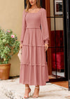 PRETTYGARDEN Women Fall Long Sleeve Smocked Maxi Dress Casual Square Neck Swiss Dot Tiered Ruffle Flowy Spring Pocket Dresses
