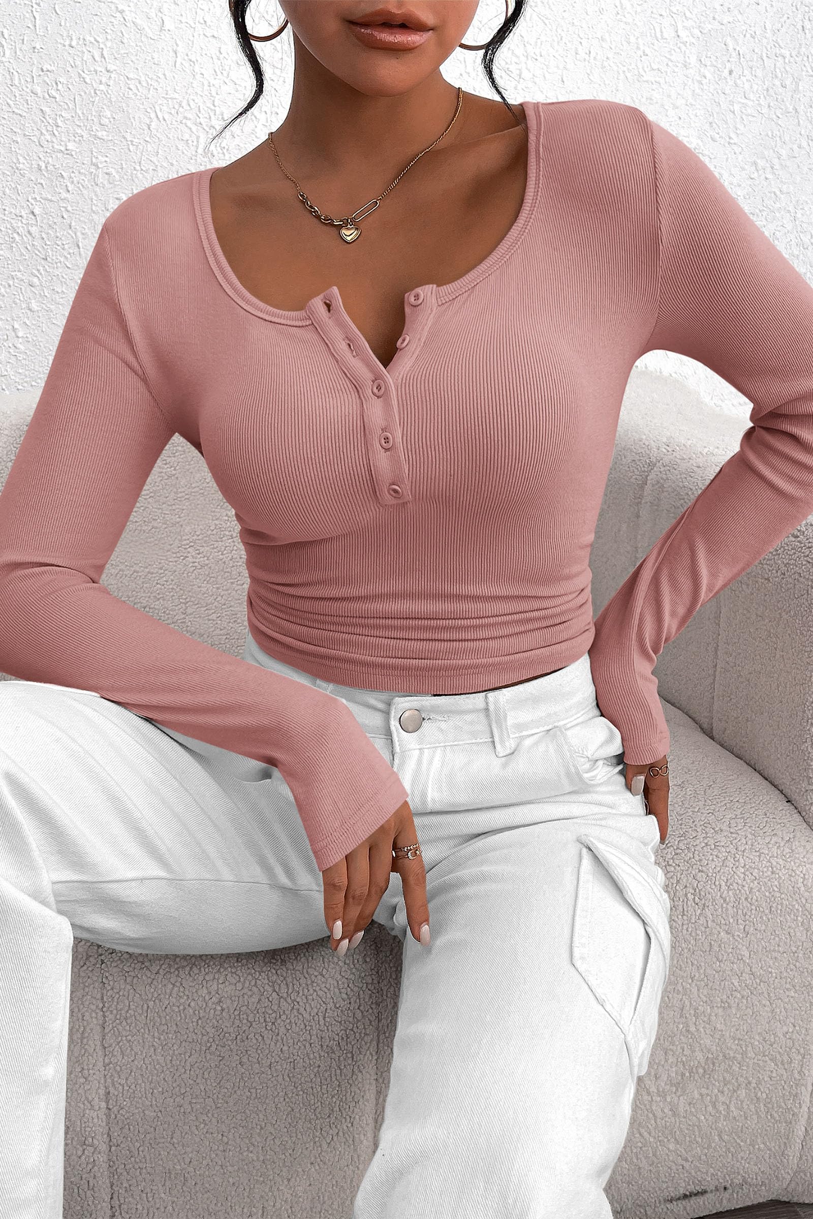PRETTYGARDEN Women's Spring Fall Long Sleeve Henley T Shirts Button Ribbed Knit Slim Fit Casual Basic Tops Blouse