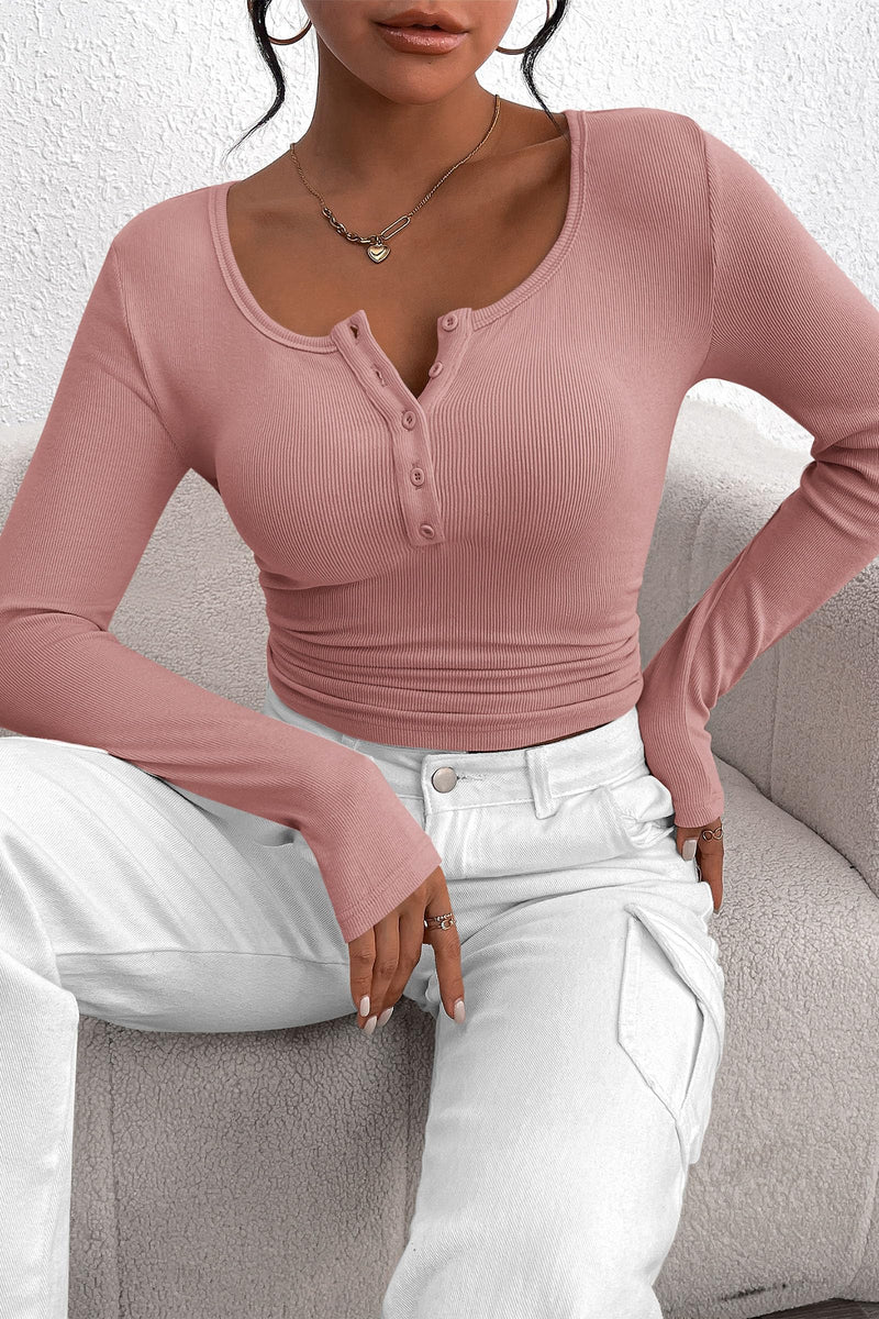 PRETTYGARDEN Women's Spring Fall Long Sleeve Henley T Shirts Button Ribbed Knit Slim Fit Casual Basic Tops Blouse